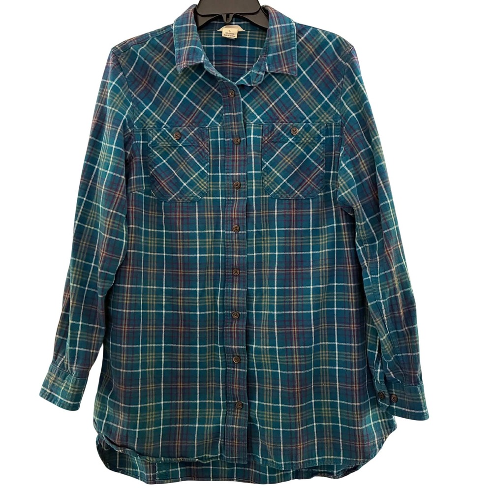 Duluth Trading Co Flannel Shirt Womens L Teal Plaid Cotton Button Up Workwear
